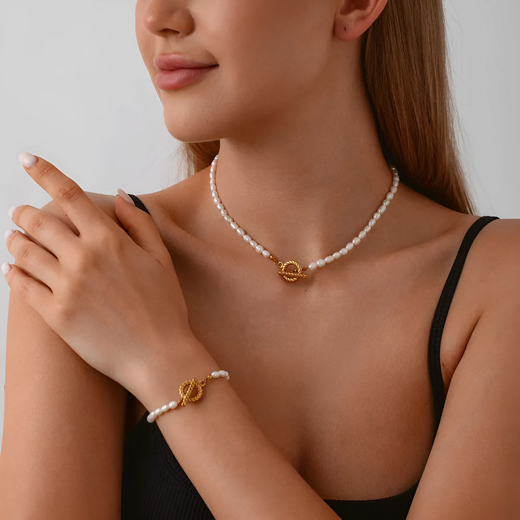Women's adjustable freshwater pearl necklace and bracelet set with geometric stainless steel pendant