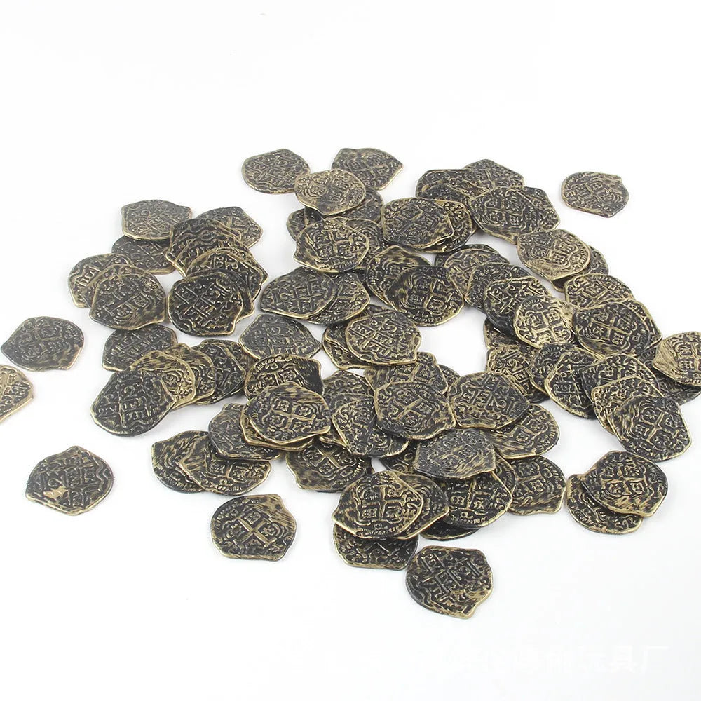 Set of 100 gold, silver, and bronze electroplated plastic replica Roman coins for crafts and decorations.
