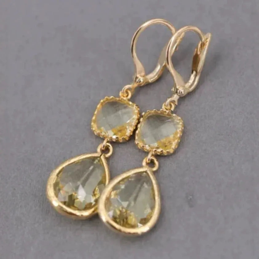 Gold retro geometric earrings with long crystal fringe water droplet elements