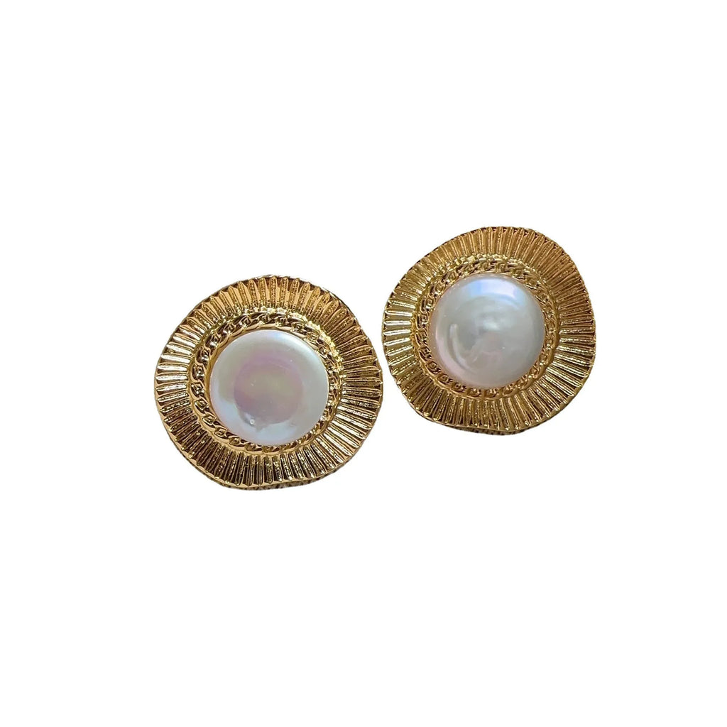Gold electroplated metal earrings with French retro style and round design for women
