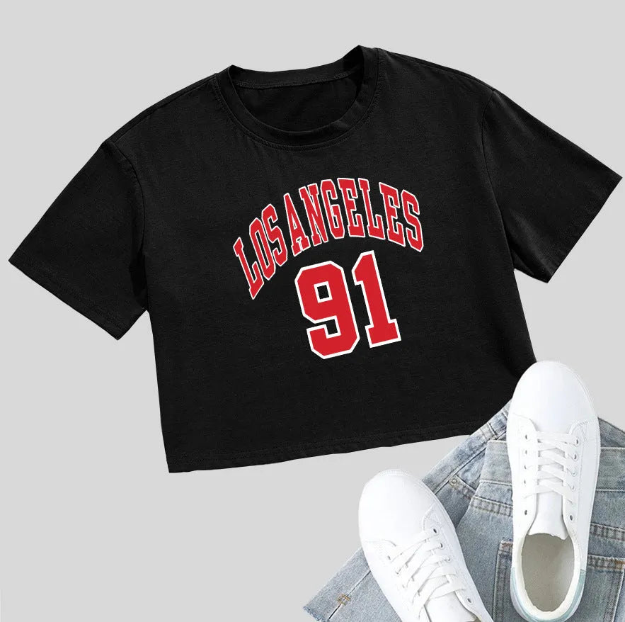 Personalised cotton loose fit t-shirt with exposed navel design and printed English letters in black and white options