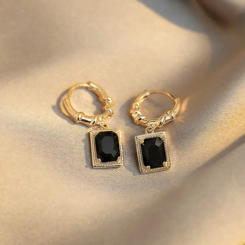 Black zircon French court earrings with geometric quadrilateral design and drop silhouette