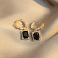 Black zircon French court earrings with geometric quadrilateral design and drop silhouette
