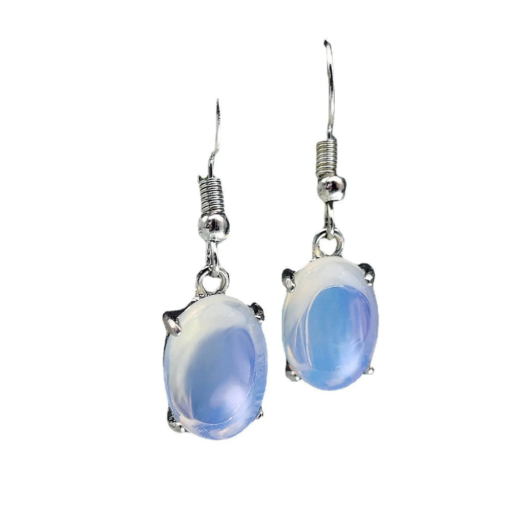 Moonlight white opal drop earrings with elliptical cross design on alloy electroplated setting