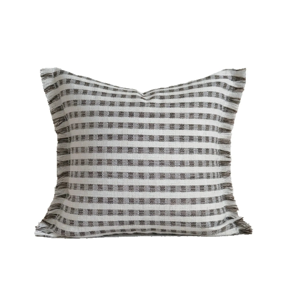 Coffee brown striped mid-century cushion pillow on sofa in square and rectangular sizes