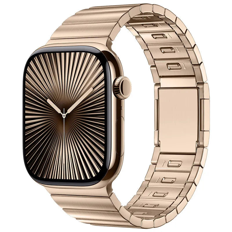 Stainless steel Apple Watch strap with magnetic buckle in business style, showing silver colour option