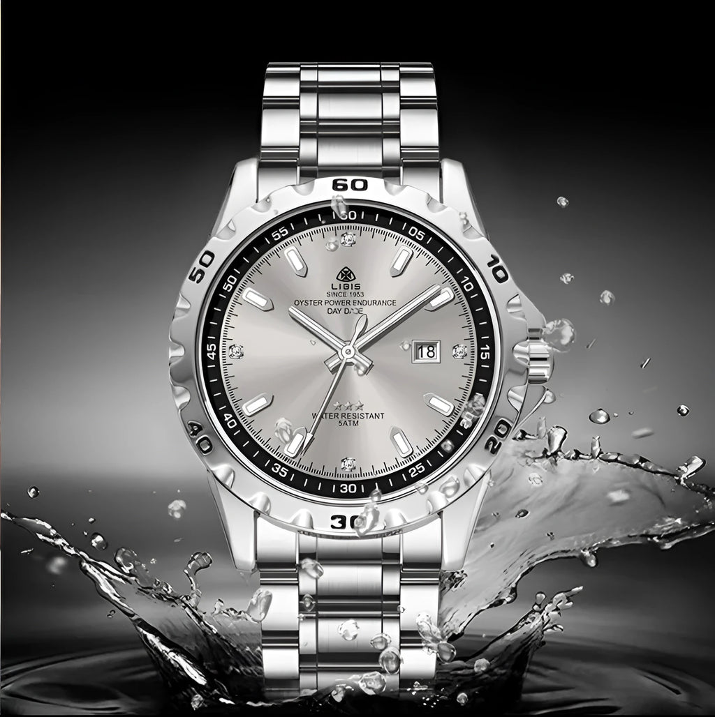 Men's silver case quartz watch with stainless steel strap and luminous hands on black or grey dial