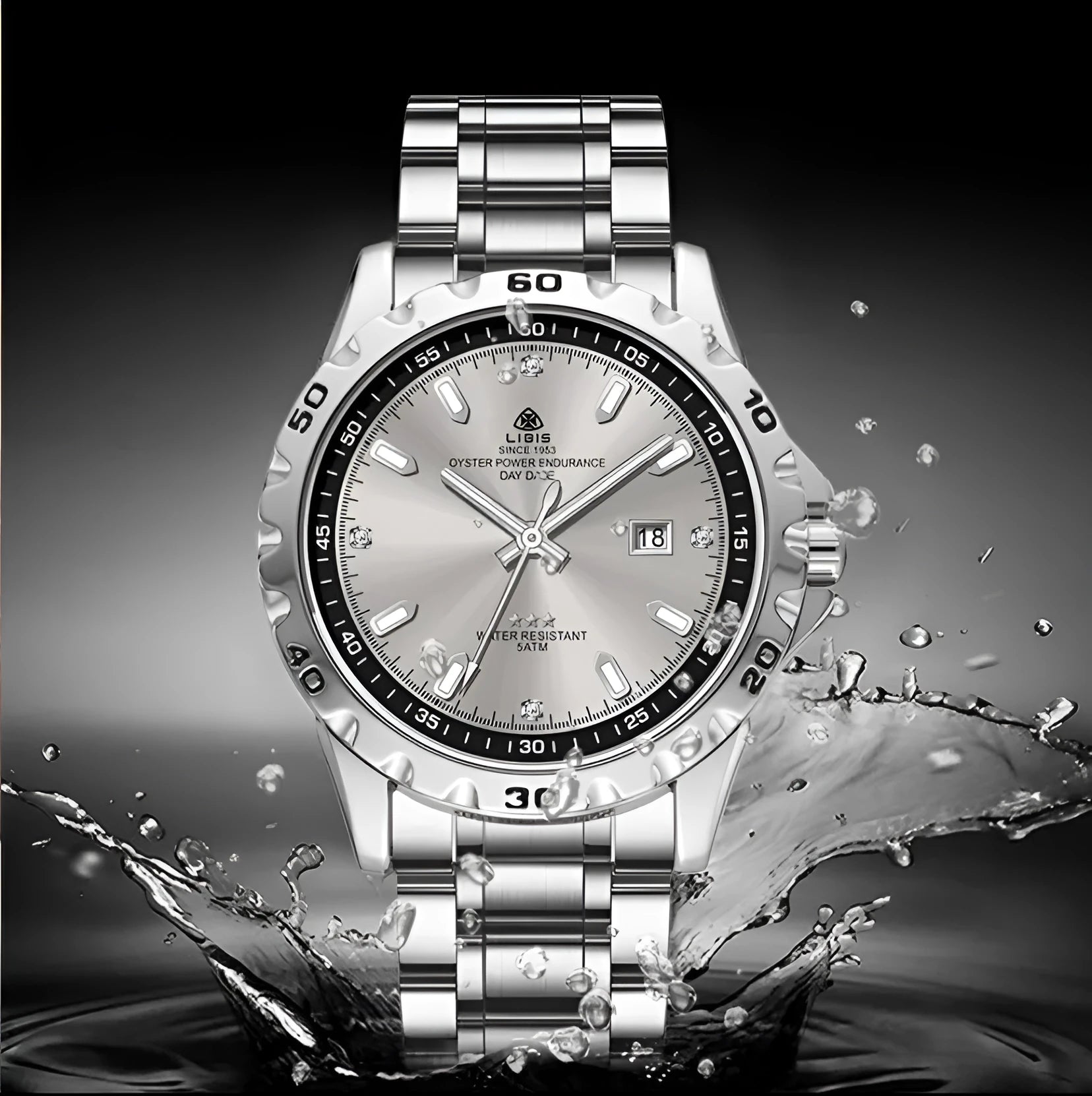 Men's silver case quartz watch with stainless steel strap and luminous hands on black or grey dial