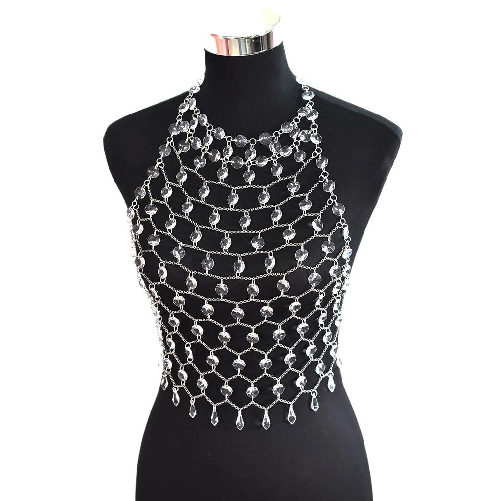Transparent acrylic crystal body chain with hand-woven plastic and resin sequins in round shapes