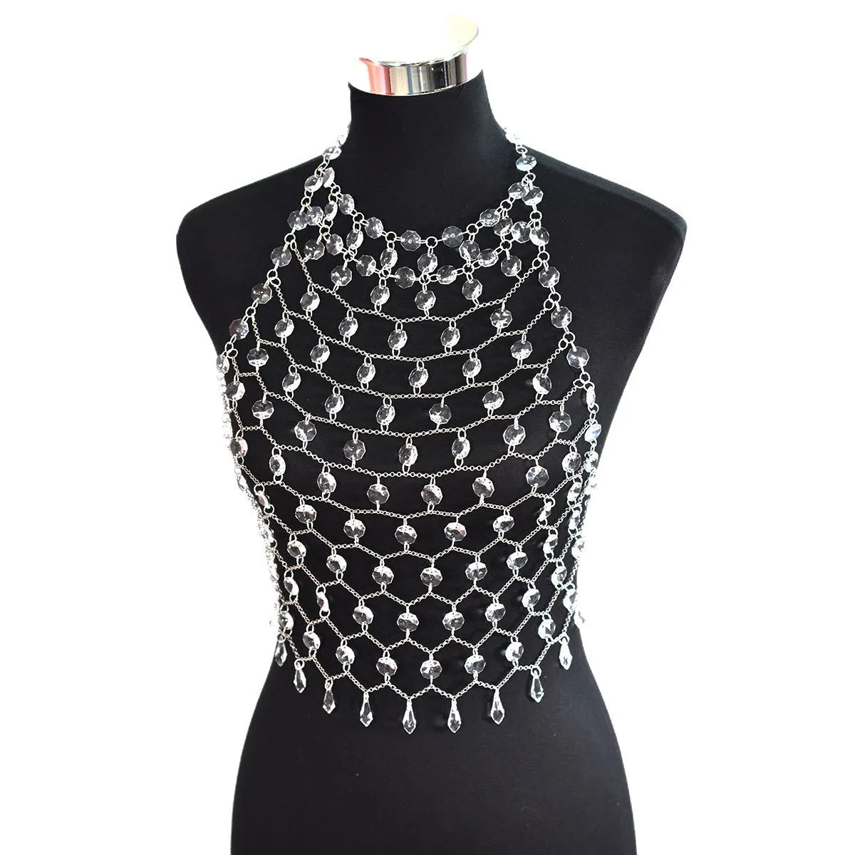 Transparent acrylic crystal body chain with hand-woven plastic and resin sequins in round shapes