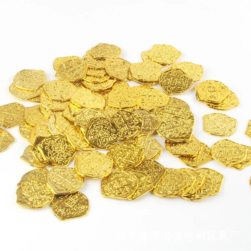 Set of 100 gold, silver, and bronze electroplated plastic replica Roman coins for crafts and decorations.