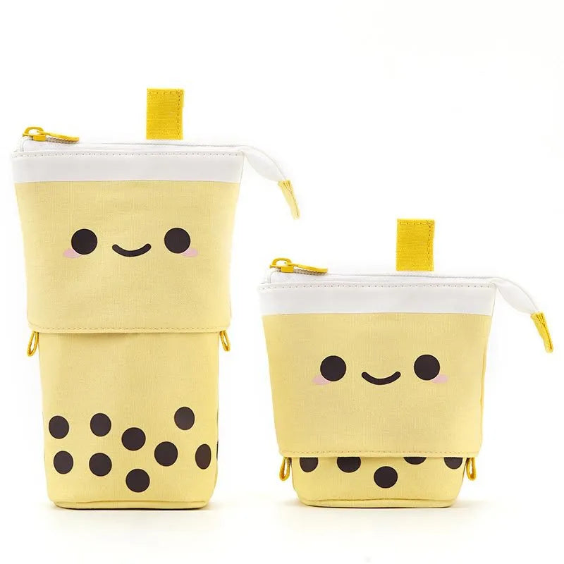 Canvas retractable pencil case with heart smiley face pattern in blue velvet milk tea colour