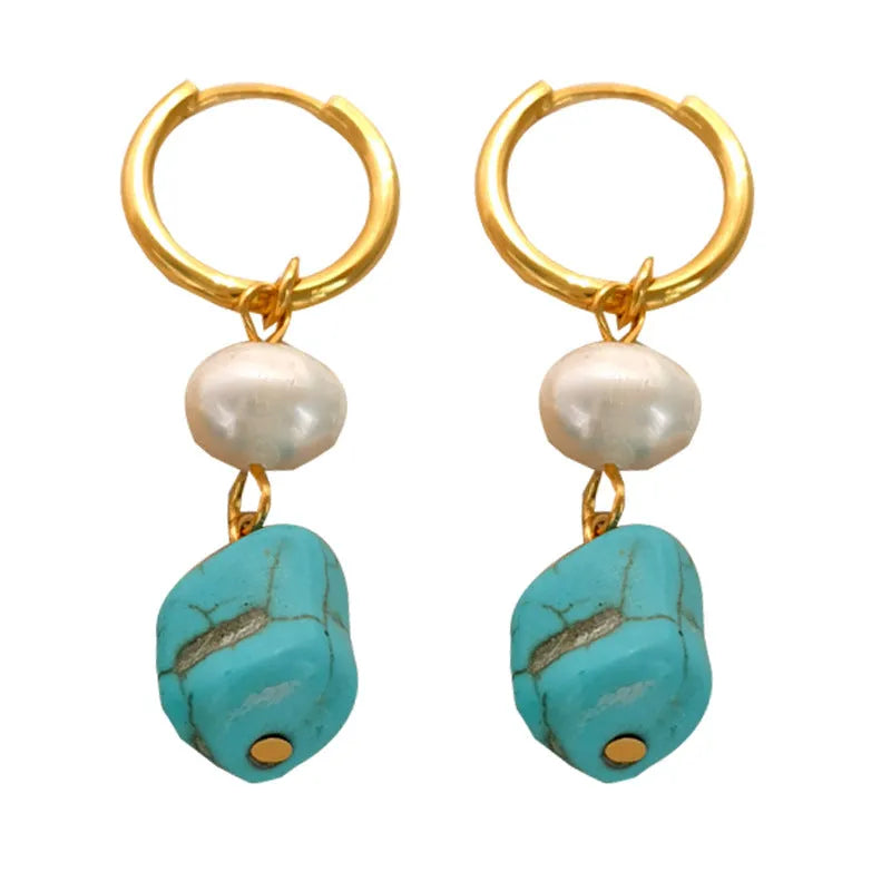 Geometric copper earrings with turquoise stones and cultured pearls, showing both short and long styles.