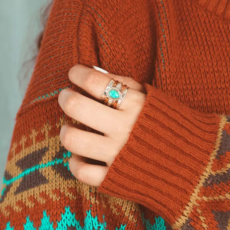 Retro green pine three-colour alloy ring showing detailed design and electroplated finish