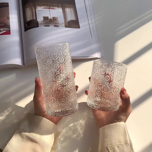 Begonia solid colour glass water cup shown in short 250ml and tall 360ml versions.