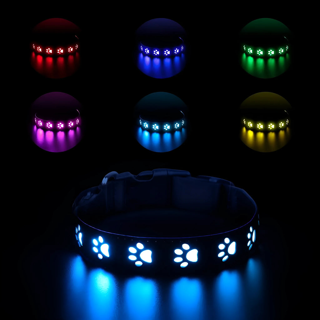 LED dog collar showing seven colour changing modes including dog paw print pattern