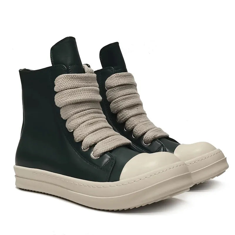Black high-top leather sneakers with side zipper and round toe on a platform sole.