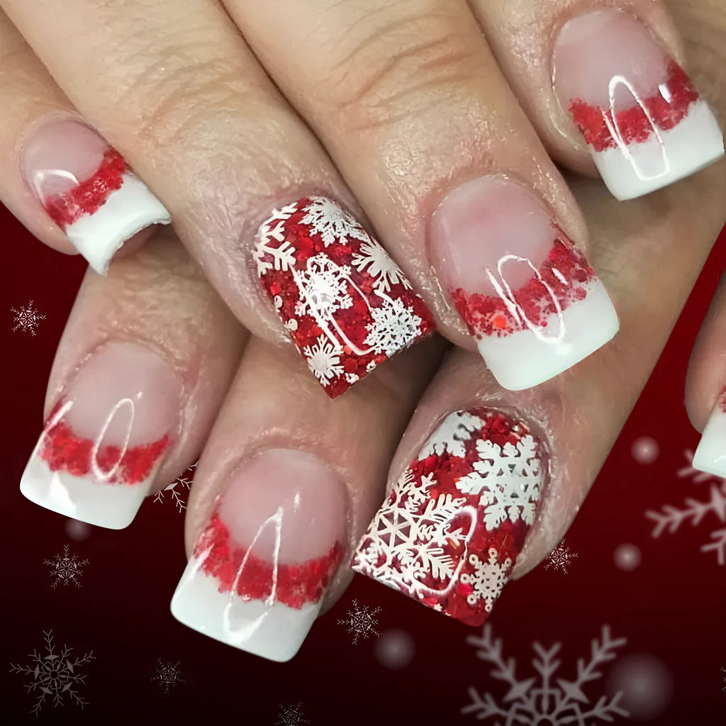 Short glossy square false nails in white French style colour C1253