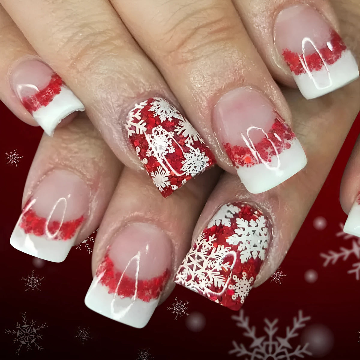 Short glossy square false nails in white French style colour C1253