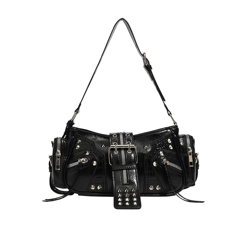 Black dumpling-shaped retro handbag with oil wax leather and multiple organisational compartments