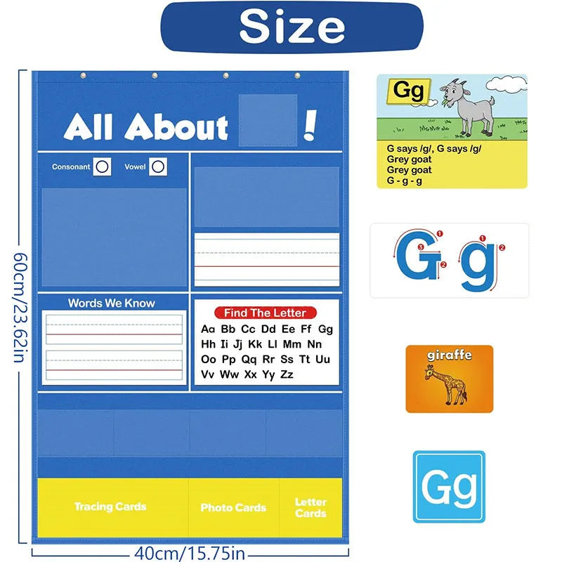 Large blue alphabet learning chart with slots for cards, surrounded by word, letter, and picture cards for children's education.
