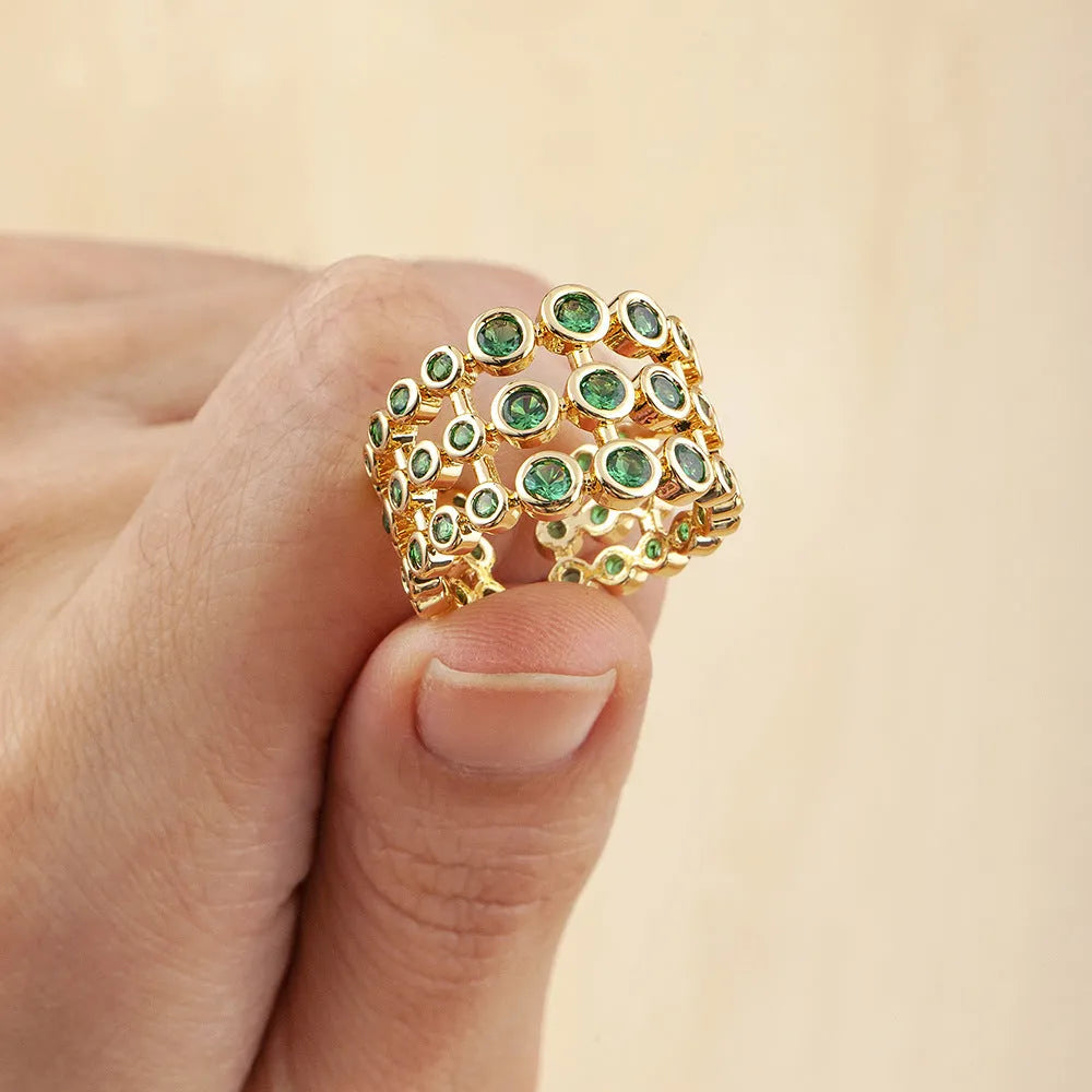 Copper plated 18K gold three-layer green zircon wide ring for men and women