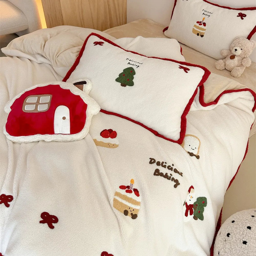Cartoon heart pattern winter bedding four-piece set with quilt cover, bed sheet, and pillowcases