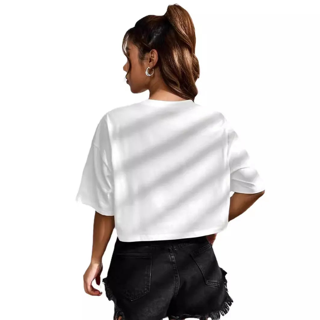 Personalised cotton loose fit t-shirt with exposed navel design and printed English letters in black and white options