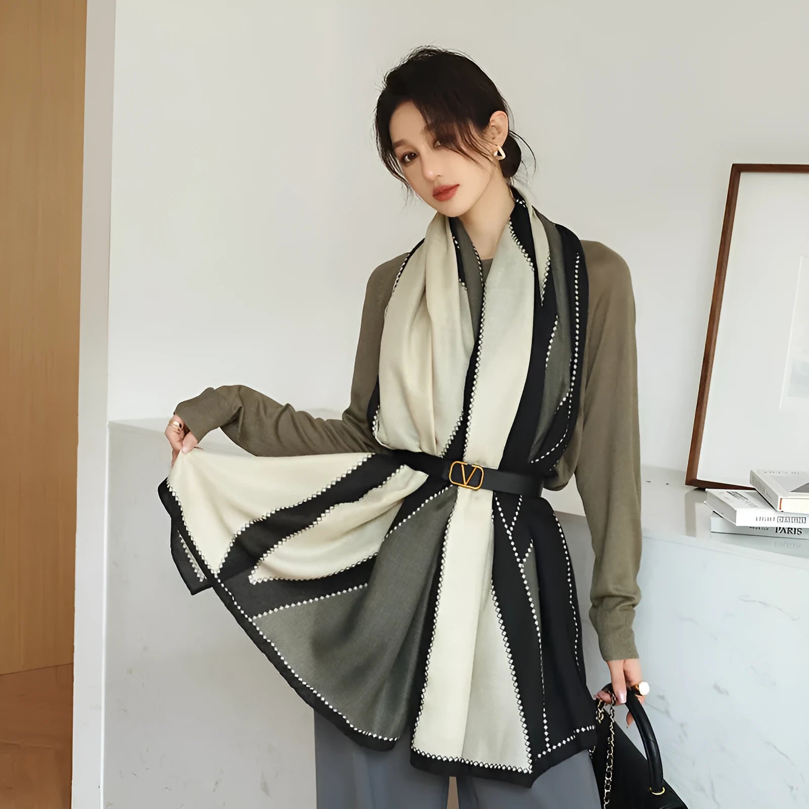 Polyester vintage print scarf measuring 180cm by 90cm shown in mid-length shawl style