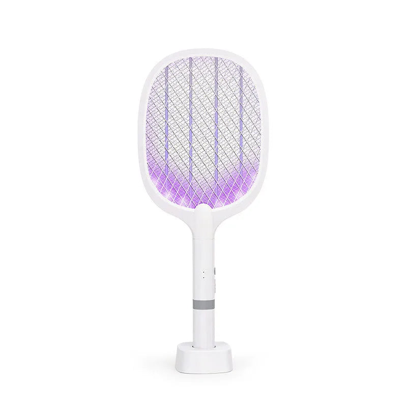 Rechargeable electric mosquito swatter in hand, showing ABS plastic shell and metal grid.