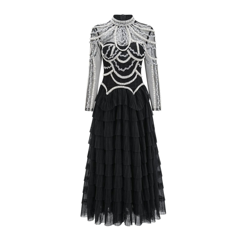 Women's black beaded long sleeve evening dress with full-length skirt and mid-waist design