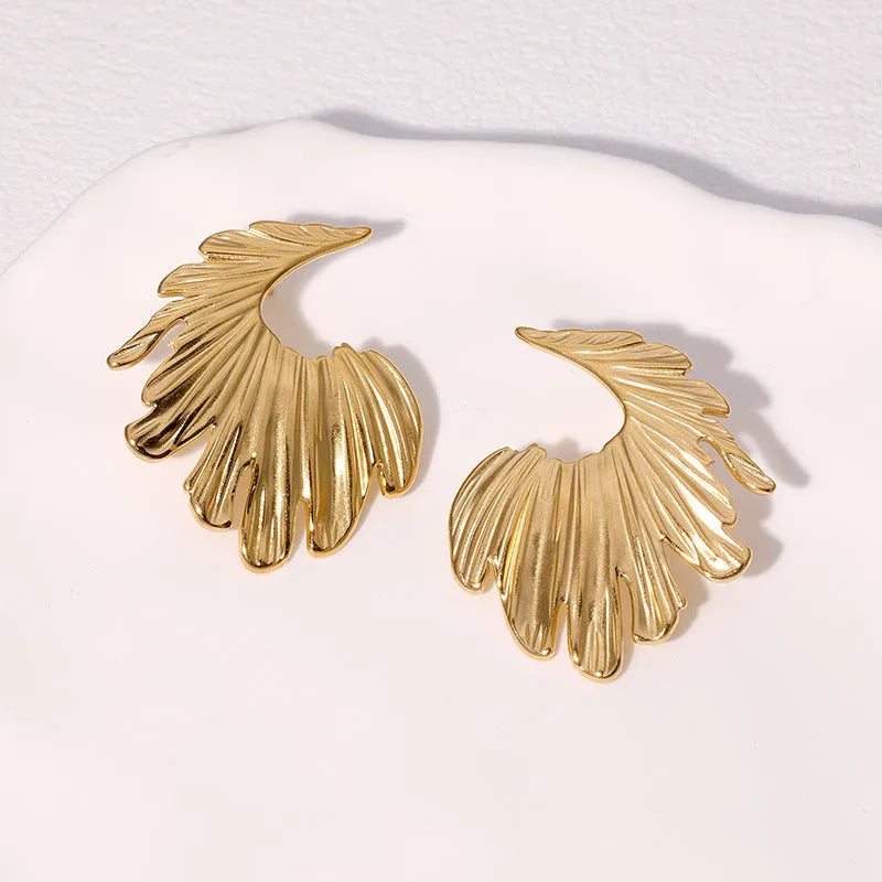 Stainless steel leaf stud earrings with electroplated gold or steel finish