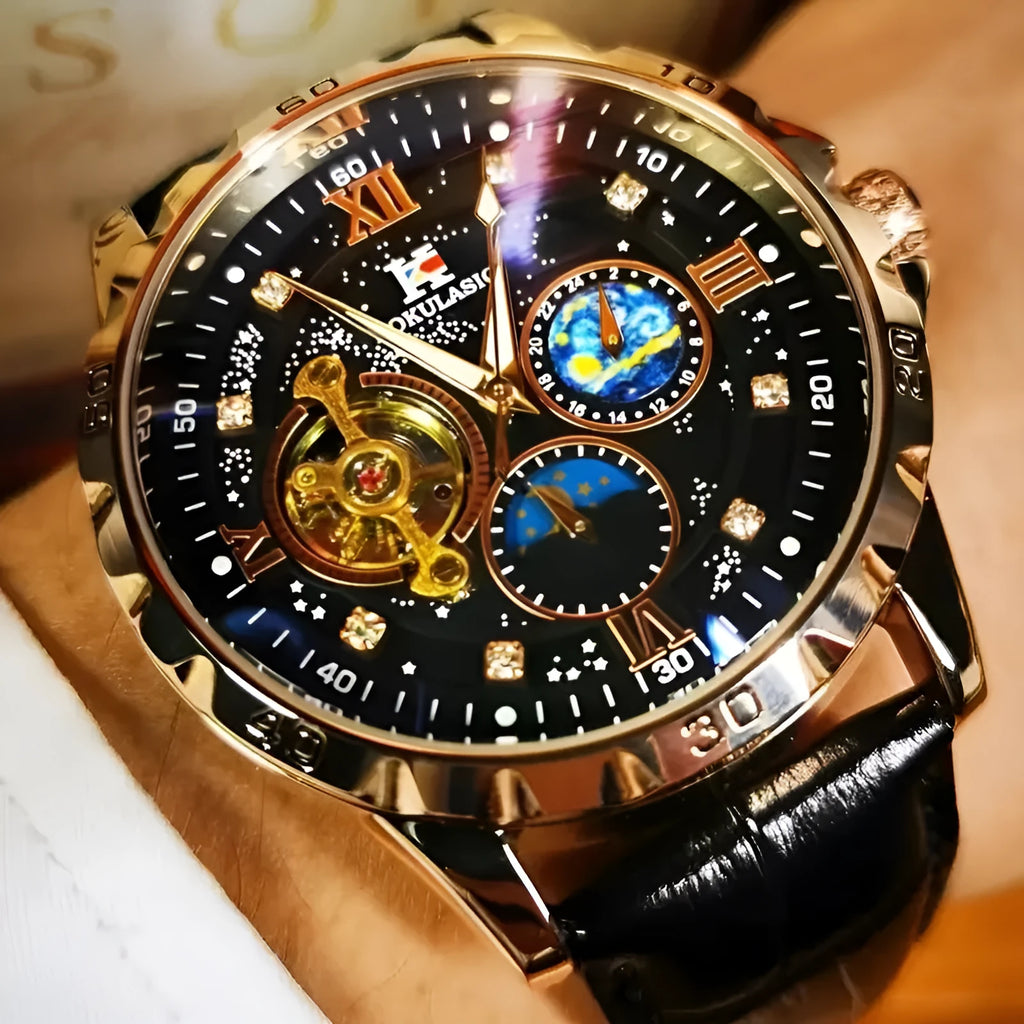 Men's black skeleton automatic watch with rose gold case and brown leather strap.