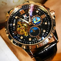 Men's black skeleton automatic watch with rose gold case and brown leather strap.