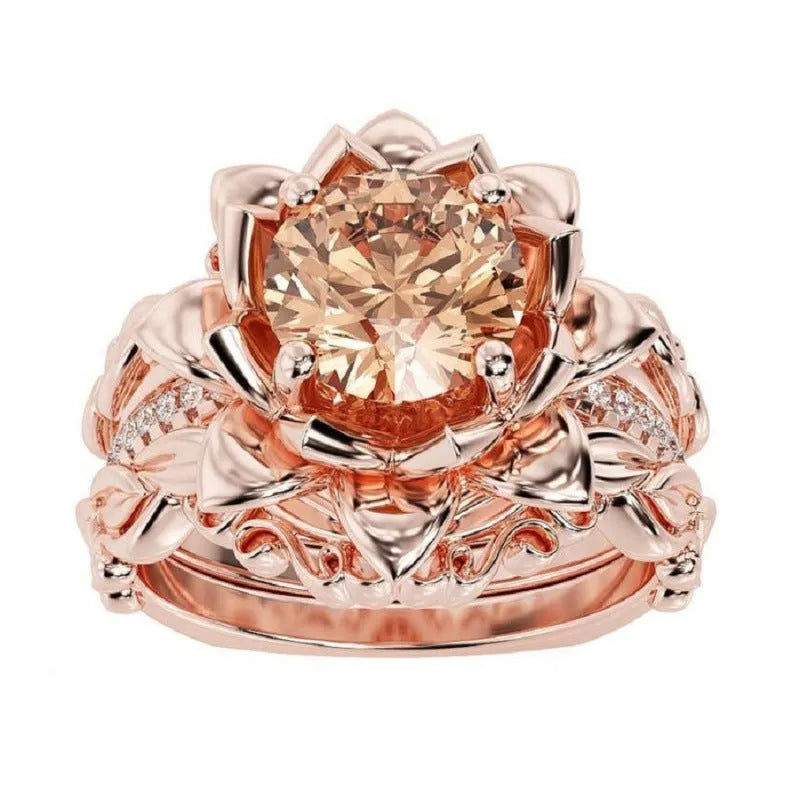 Women's floral geometric alloy ring with electroplated rose gold or rhinestone inlay on finger