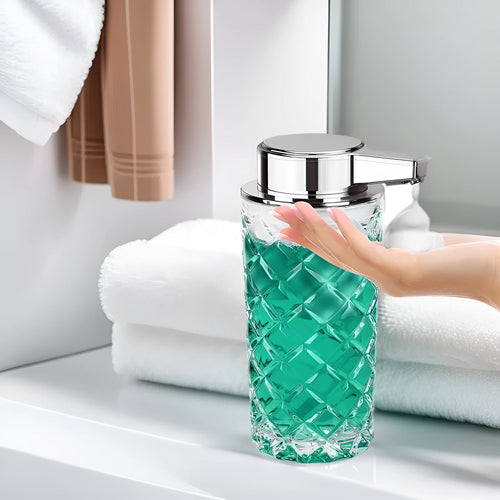 Silver automatic soap dispenser with USB Type-C charging port on a bathroom counter.