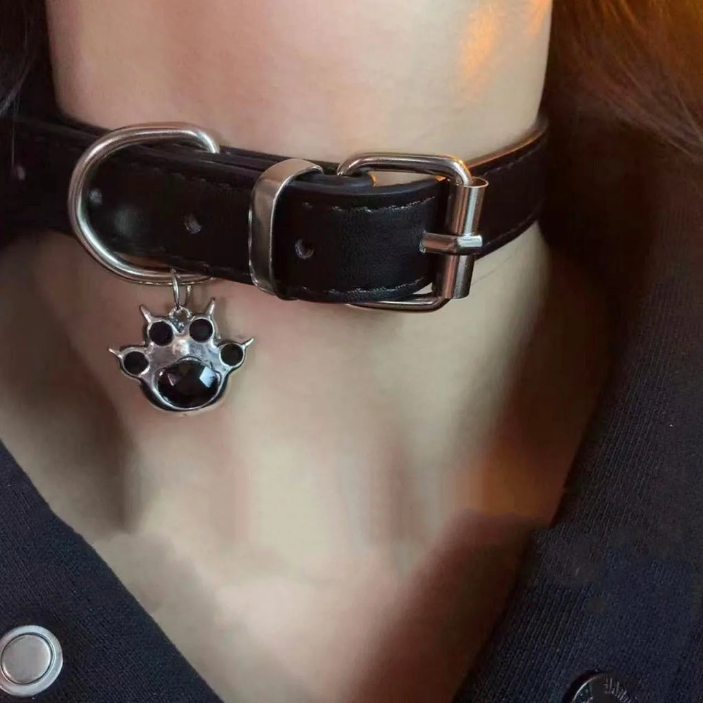 Black adjustable choker necklace with little bell charm on leather collar