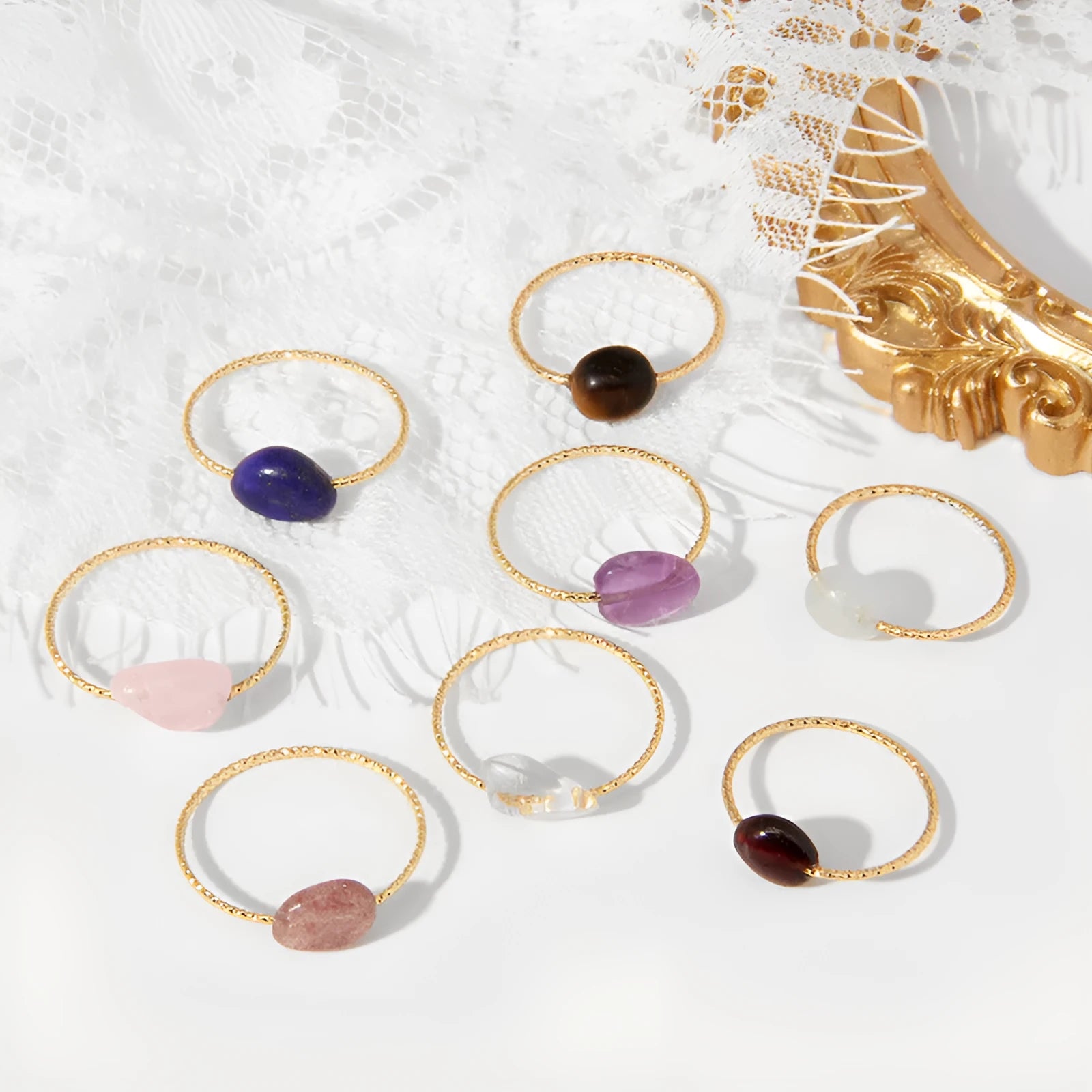 Geometric niche design agate ring for women showing eight colour variations on display