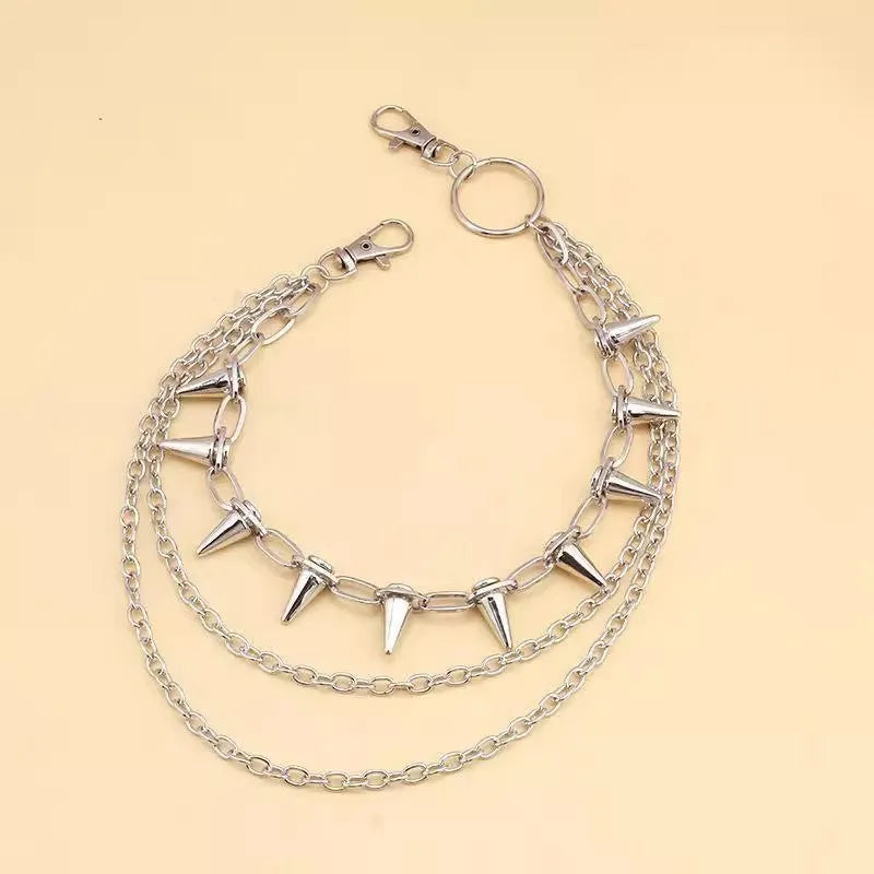 Silver punk metal chain pants decoration with rivets and zipper detailing, 115cm length