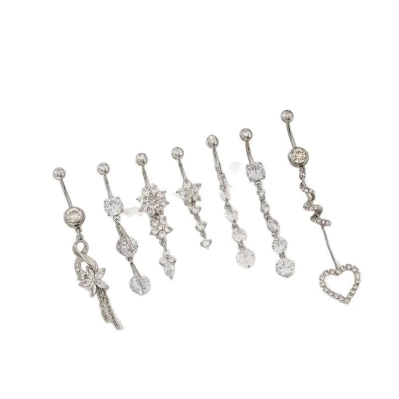 Geometric tassel pendant navel buckle in stainless steel, showing gold and silver colour options for women's belly button piercing ornament