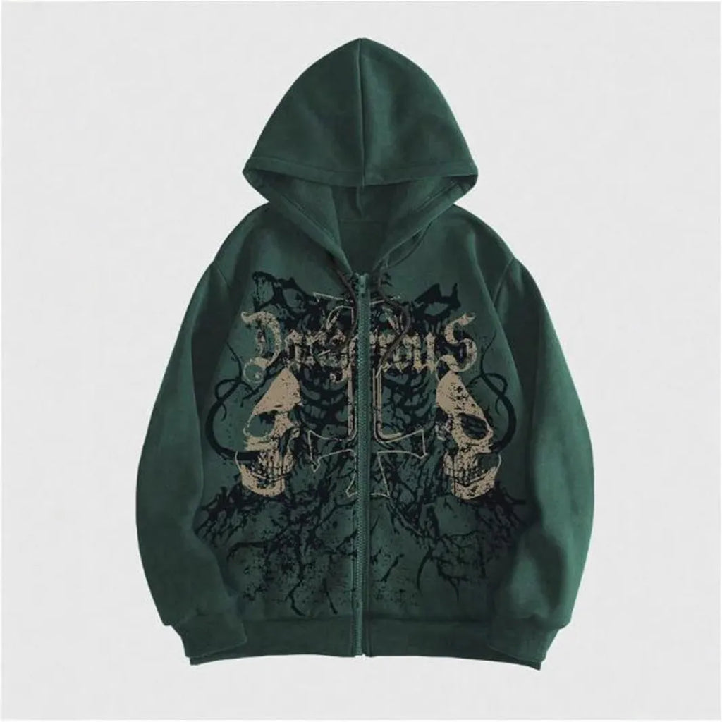 Man wearing a black hooded sweatshirt with a large white skull print on the front.
