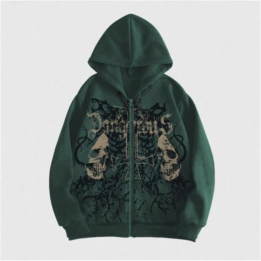 Man wearing a black hooded sweatshirt with a large white skull print on the front.