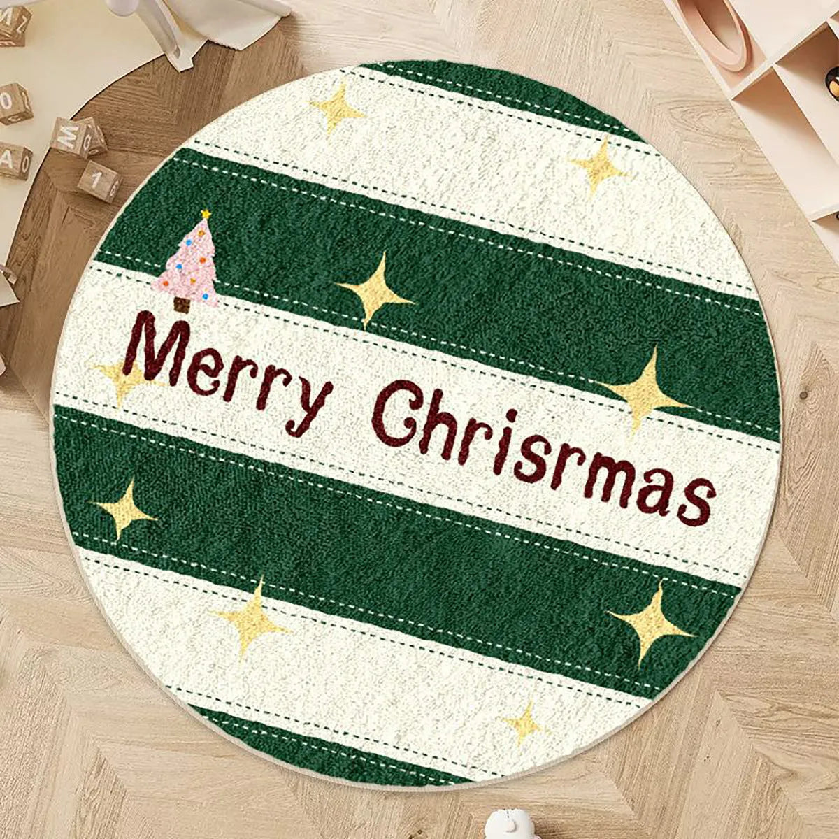 Round Christmas carpet with alien shape design in imitation cashmere fabric featuring festive patterns
