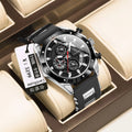 Men's chronograph sports watch with silicone strap and diamond-shaped dial