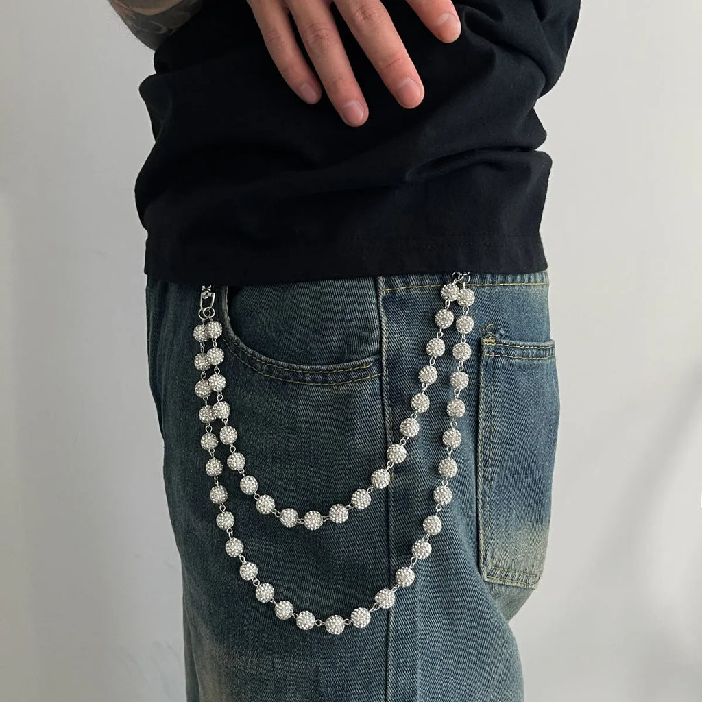 Hip hop niche waist chain alloy sphere pendant key ornament White K01748 front view