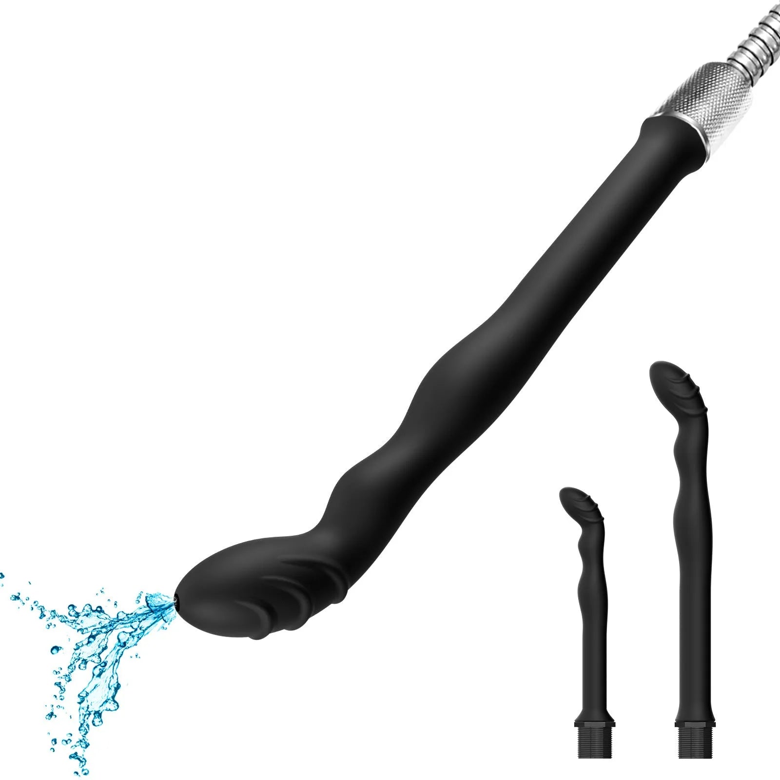 Black silicone hosepipe flusher for cleaning and enema use in large and small sizes
