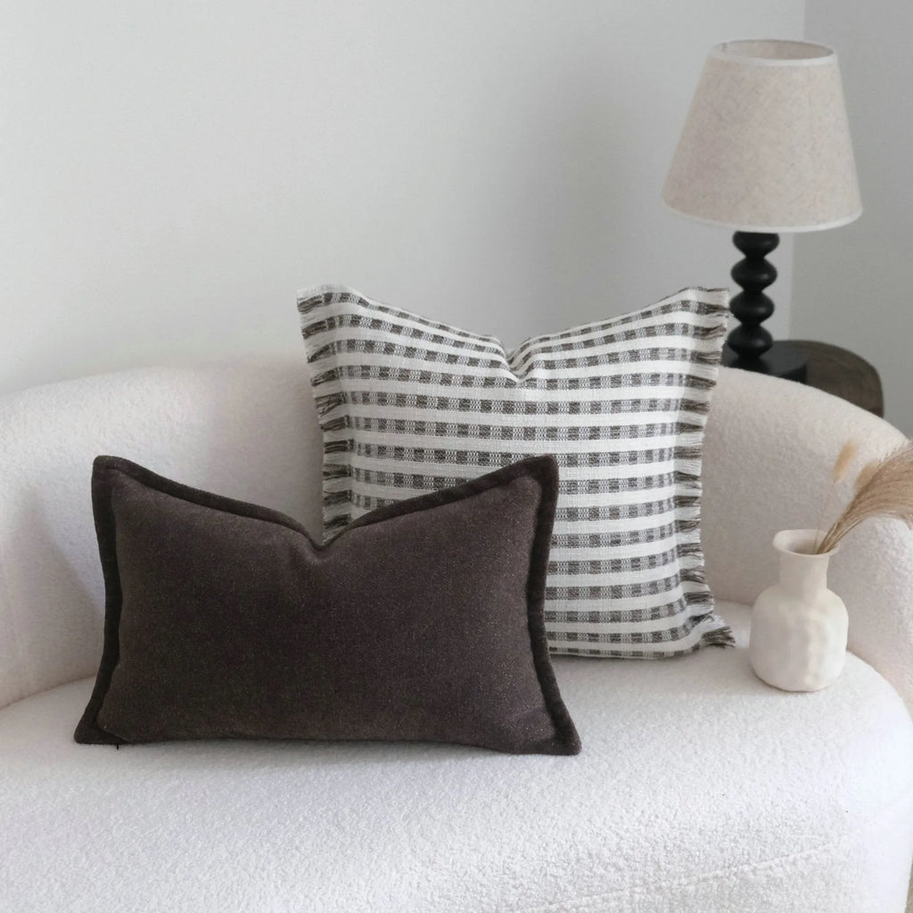 Coffee brown striped mid-century cushion pillow on sofa in square and rectangular sizes