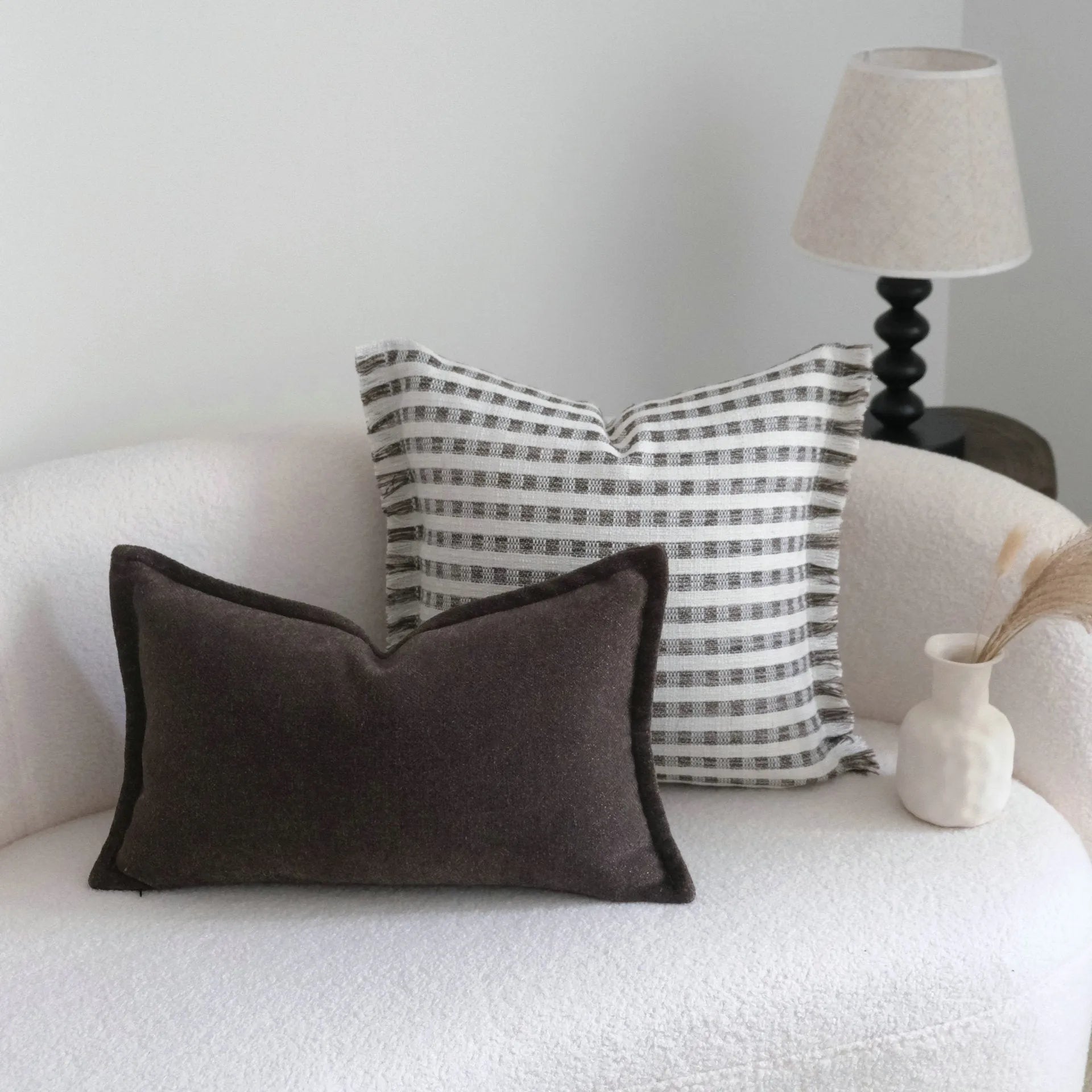 Coffee brown striped mid-century cushion pillow on sofa in square and rectangular sizes