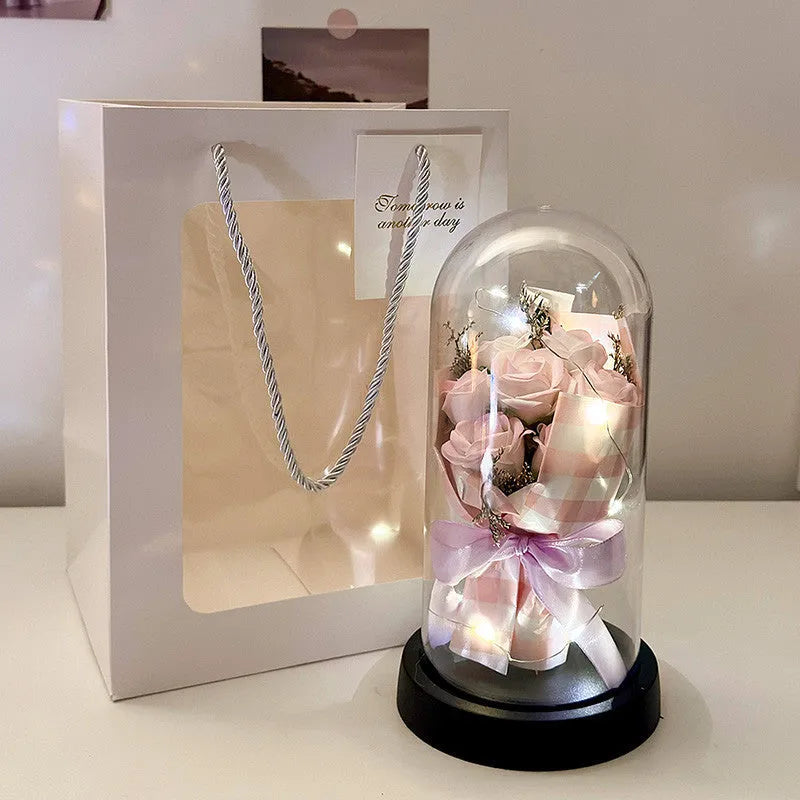Bionic bouquet artificial flower arrangement in a reusable tote bag, showing gradient blue colour option.