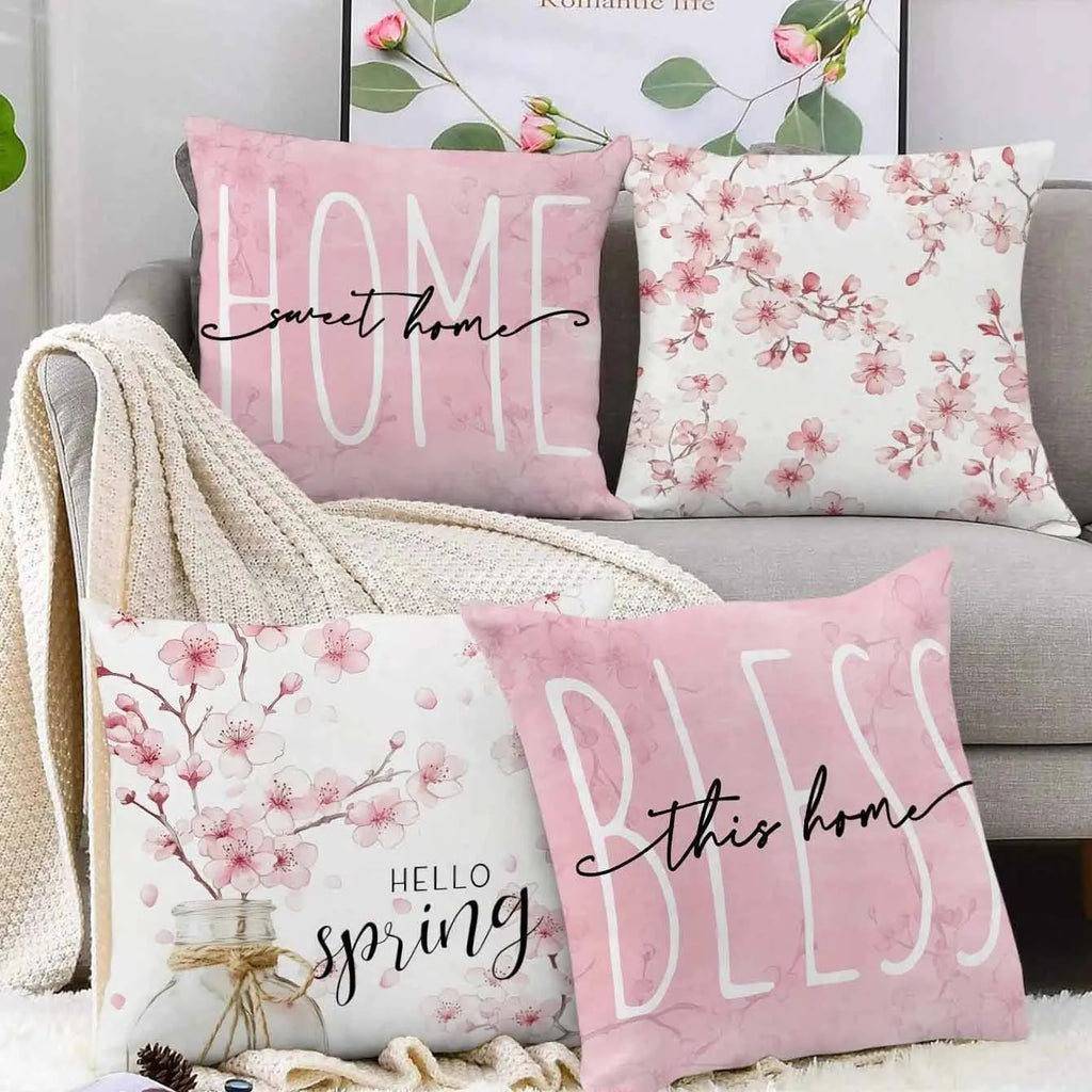 Square short velvet pillow cover with cherry blossom print, 45cm size, shown in one of four colour options.